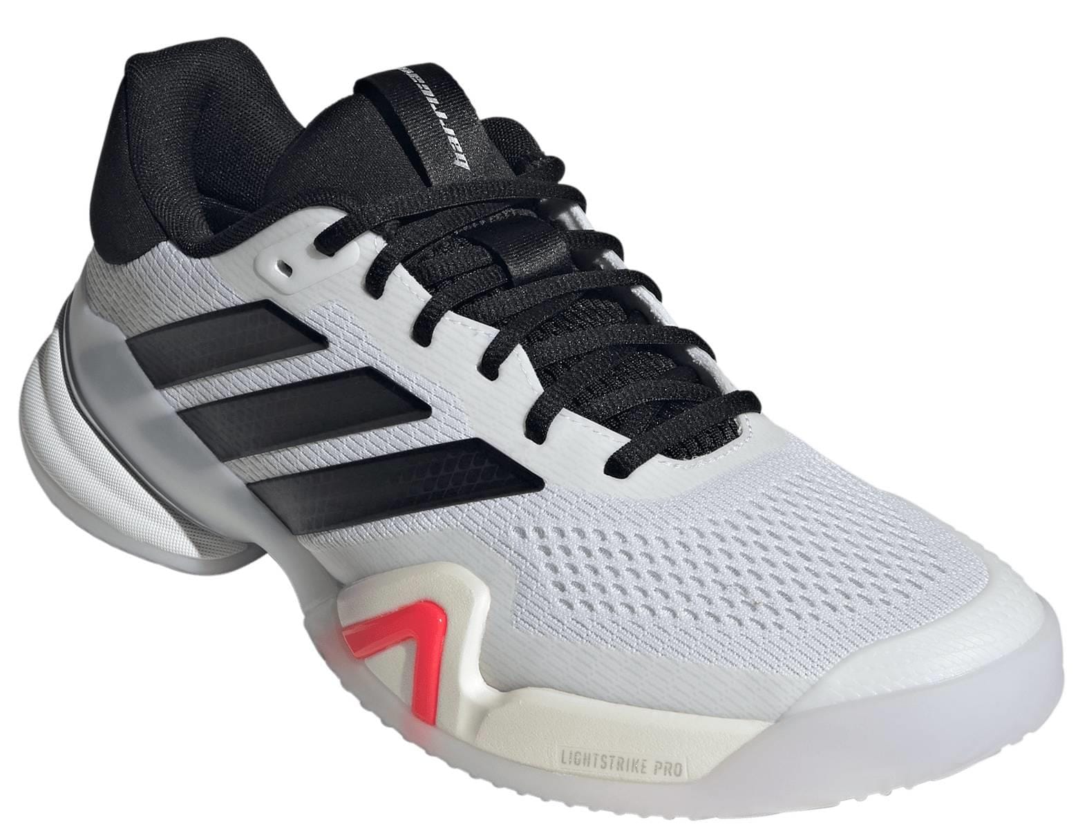 The adidas Barricade 14 Men’s WIDE Tennis Shoes in white feature black laces and stripes, a black collar, red and gray sole accents, and "Lightstrike Pro" cushioning—ideal for men seeking high-performance court shoes.