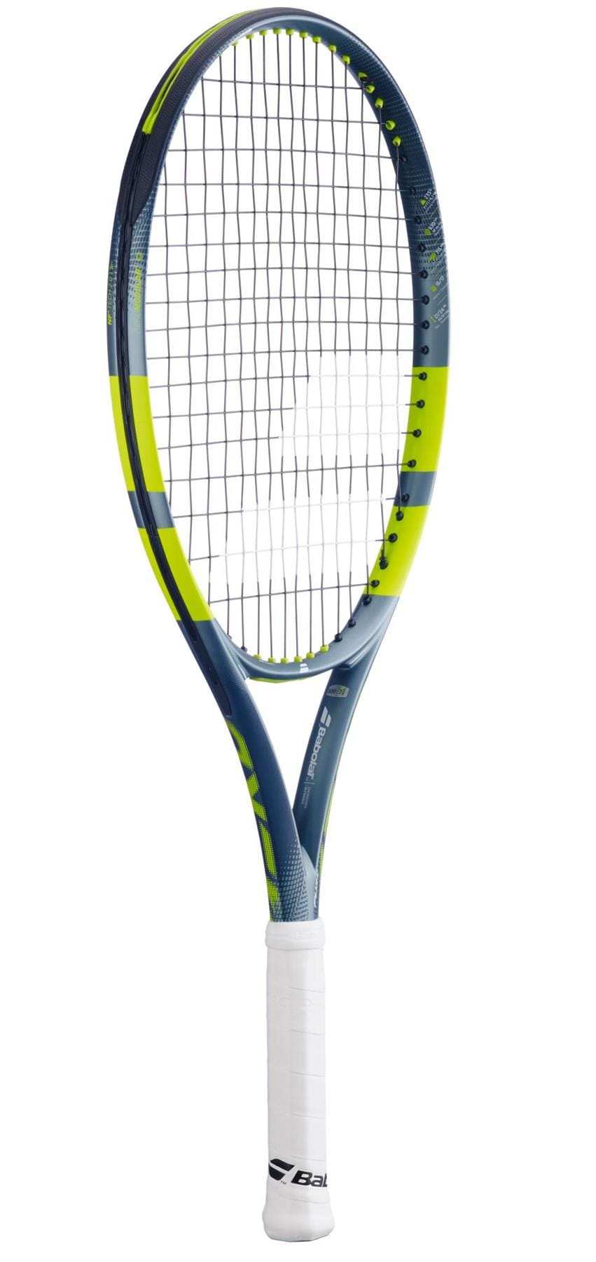 The Babolat Pure Aero Junior 25 Tennis Racket 2026 features a blue and yellow frame, black strings, a white grip with a black logo near the base, and is designed for young players seeking advanced spin technology.