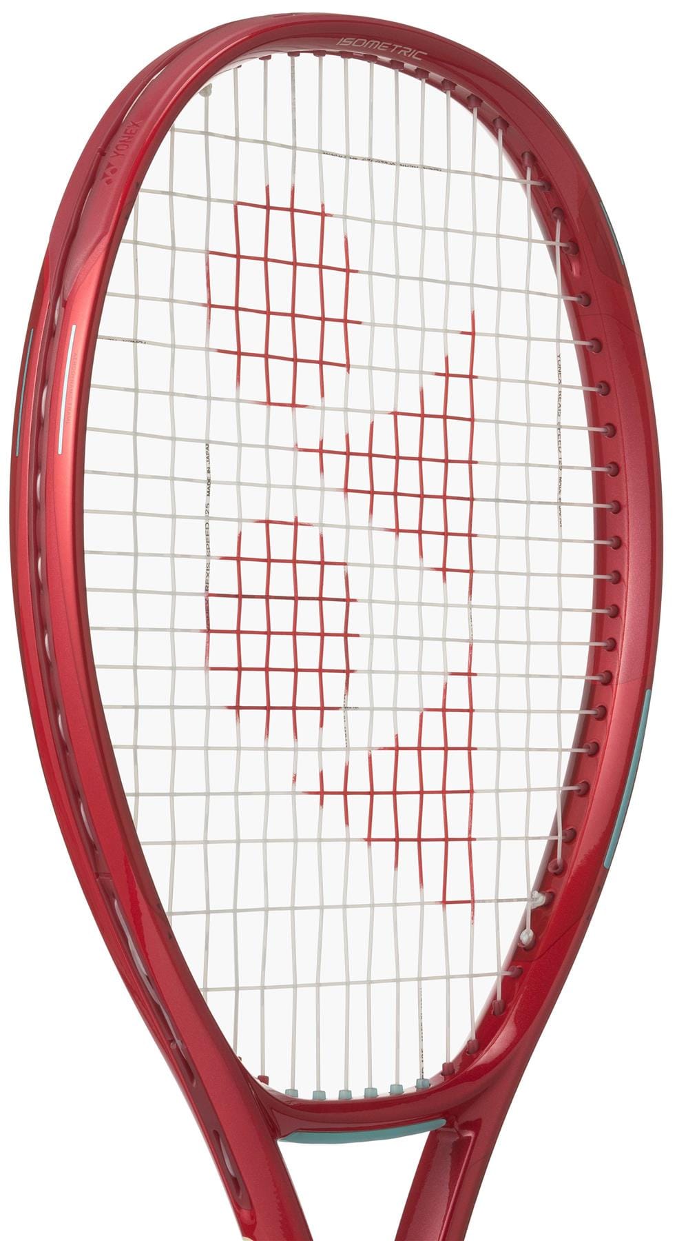 A close-up of the Yonex 08 VCORE 100L 2026 Tennis Racket in Ruby Red, strung with white strings and a red center pattern, showcases its impressive spin potential. The racket is angled left against a white background.