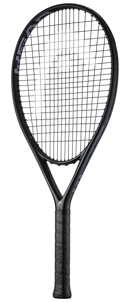 The HEAD PWR 115 Tennis Racket by HEAD features a tightly strung net and textured grip, shown in black against a white background—an ideal lightweight choice for beginner players.