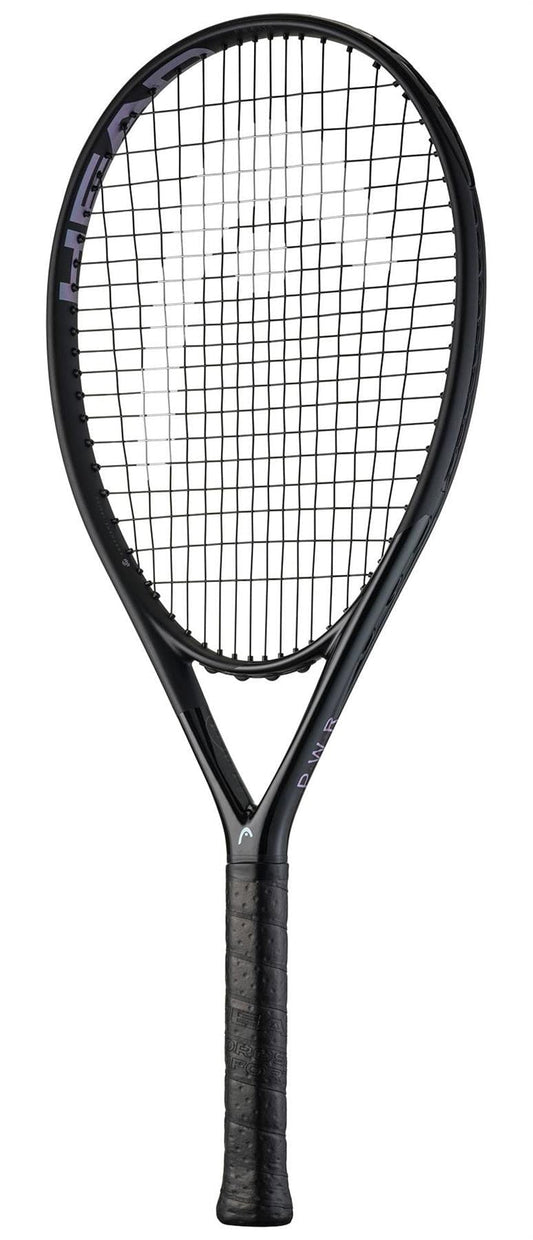 The HEAD PWR 115 Tennis Racket by HEAD features a tightly strung net and textured grip, shown in black against a white background—an ideal lightweight choice for beginner players.