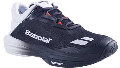 The Babolat SFX 4 All Court Men's Tennis Shoes in Black/Illusion Blue feature a low-cut design, white side logo, black laces, textured sole, and Michelin branding at the heel for enhanced comfort and durability.
