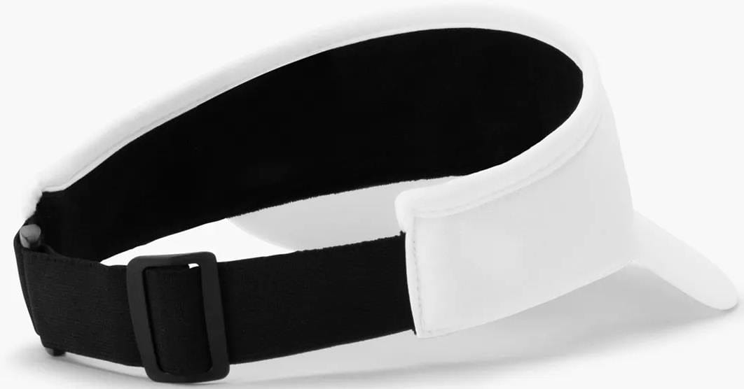 The Yonex 40126EX Tennis Visor in white features a black adjustable strap and buckle for a secure fit. Shown from the back and side against a plain light background, this breathable visor is made by Yonex.