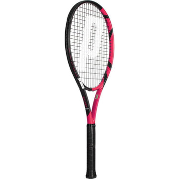 The Prince Beast Power 270g Tennis Racket by Prince features a black and pink design, black handle, white strings with a large "P" logo—ideal as a graphite tennis racket for beginners.