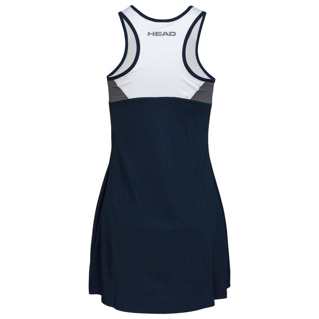 Rear view of the HEAD Women's Club 22 Tennis Dress in dark blue, showcasing a sleeveless racerback design. The upper back is adorned with the "HEAD" logo in gray. Gray accents highlight the sides, while the fabric incorporates moisture transfer microfiber technology for enhanced performance.