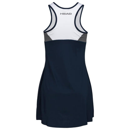 Rear view of the HEAD Women's Club 22 Tennis Dress in dark blue, showcasing a sleeveless racerback design. The upper back is adorned with the "HEAD" logo in gray. Gray accents highlight the sides, while the fabric incorporates moisture transfer microfiber technology for enhanced performance.