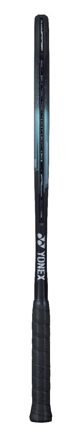 A side view of the Yonex EZONE 98 Tennis Racket in Aqua Night Black highlights its handle and sleek profile. The black grip accentuates the gradient frame design, enhanced with Vibration Dampening Mesh and understated logo markings, creating an ideal fusion of style and technology.