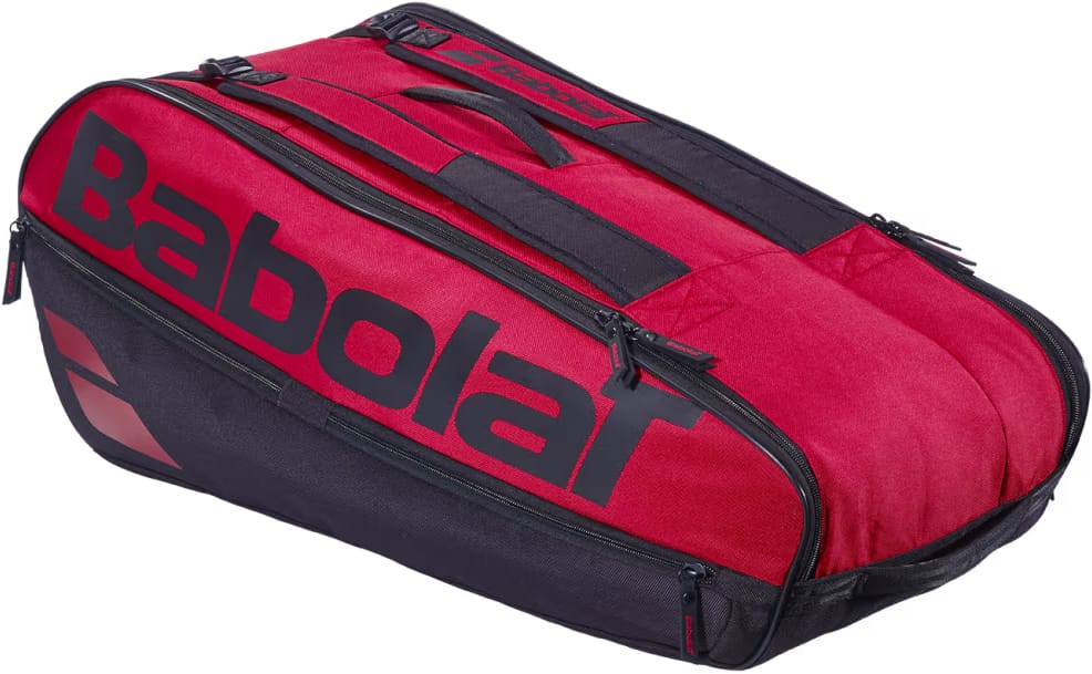 The Babolat Court L 9 Racket Tennis Bag in Burgundy and Black is crafted from recycled polyester and features a large logo, multiple zippered compartments, and convenient handles—designed to carry racquets and sports gear.
