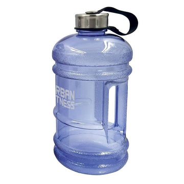 Presenting the Urban Fitness Quench 2.2L Water Bottle in Ocean Blue: a generously-sized, translucent blue bottle with a silver screw-on cap and a black strap. It offers a 2.2-litre capacity and is designed to be BPA-free, featuring a wide handle with "Urban Fitness" printed in white along the side.