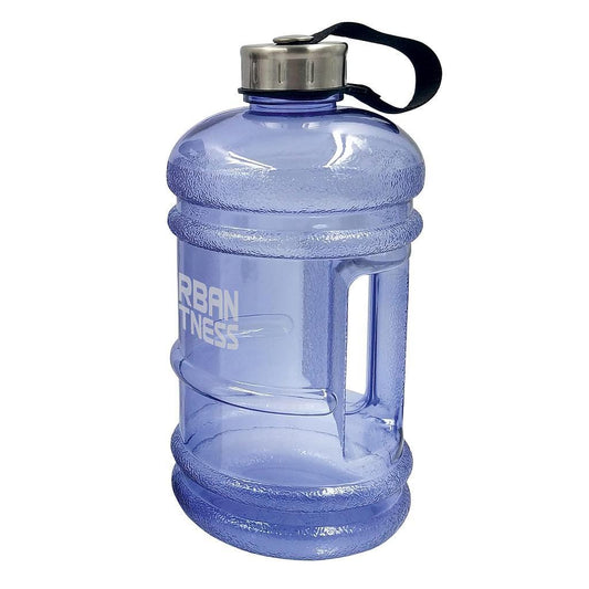 Presenting the Urban Fitness Quench 2.2L Water Bottle in Ocean Blue: a generously-sized, translucent blue bottle with a silver screw-on cap and a black strap. It offers a 2.2-litre capacity and is designed to be BPA-free, featuring a wide handle with "Urban Fitness" printed in white along the side.