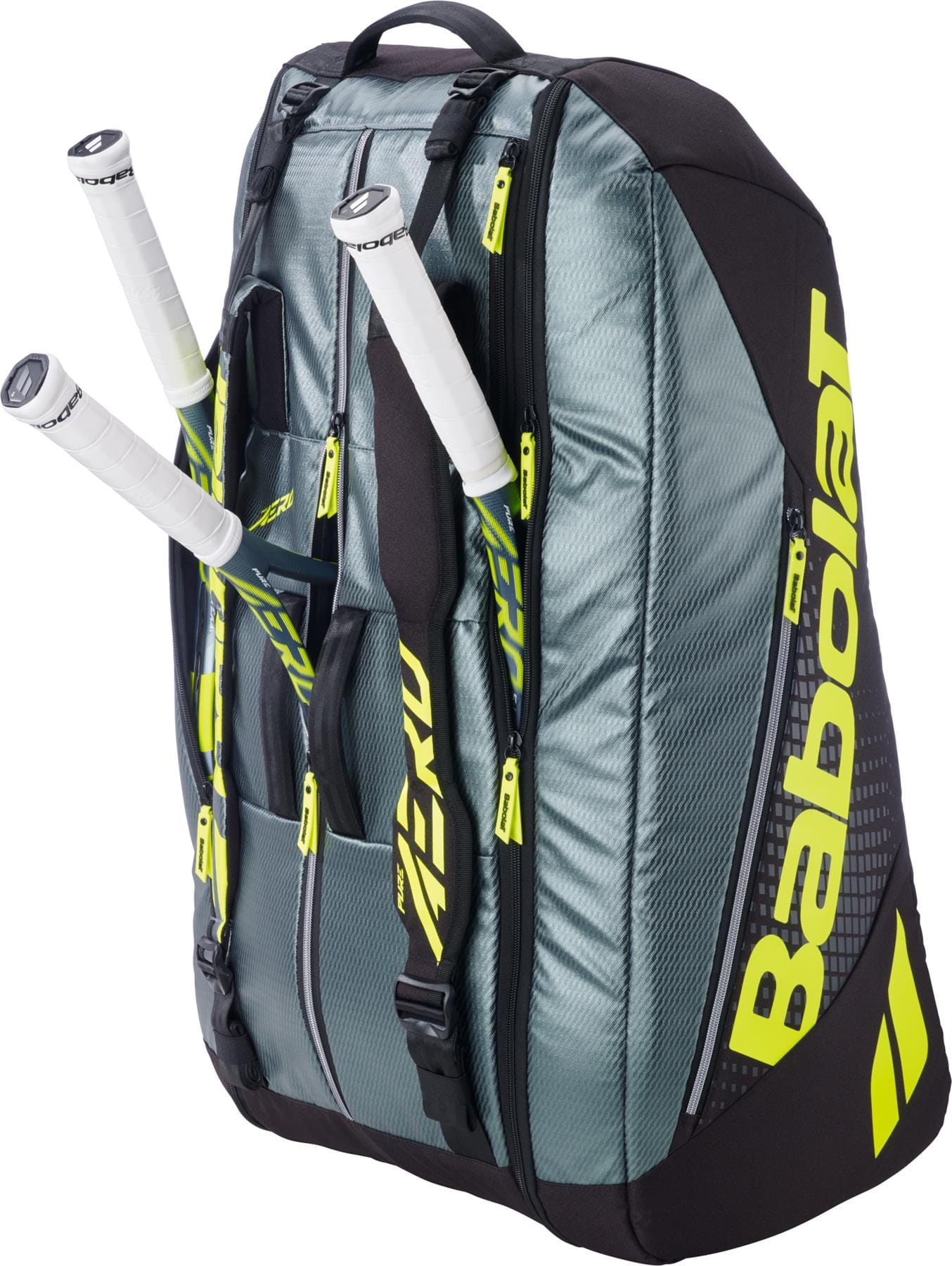 The Babolat RH12 Pure Aero 12 Racket Tennis Bag in grey and yellow features space for rackets, with two white-handled tennis rackets partially inserted into its side pockets.