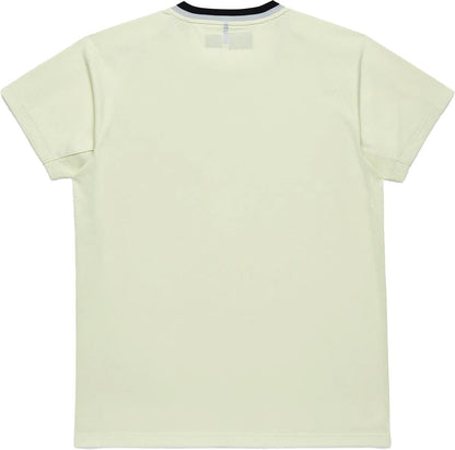 The Yonex 10712YX Crew Neck Men's Tennis T-Shirt in Champagne is shown laid flat, back facing up. This plain, short-sleeved Yonex shirt features a dark collar and a simple, logo-free design for sports performance.