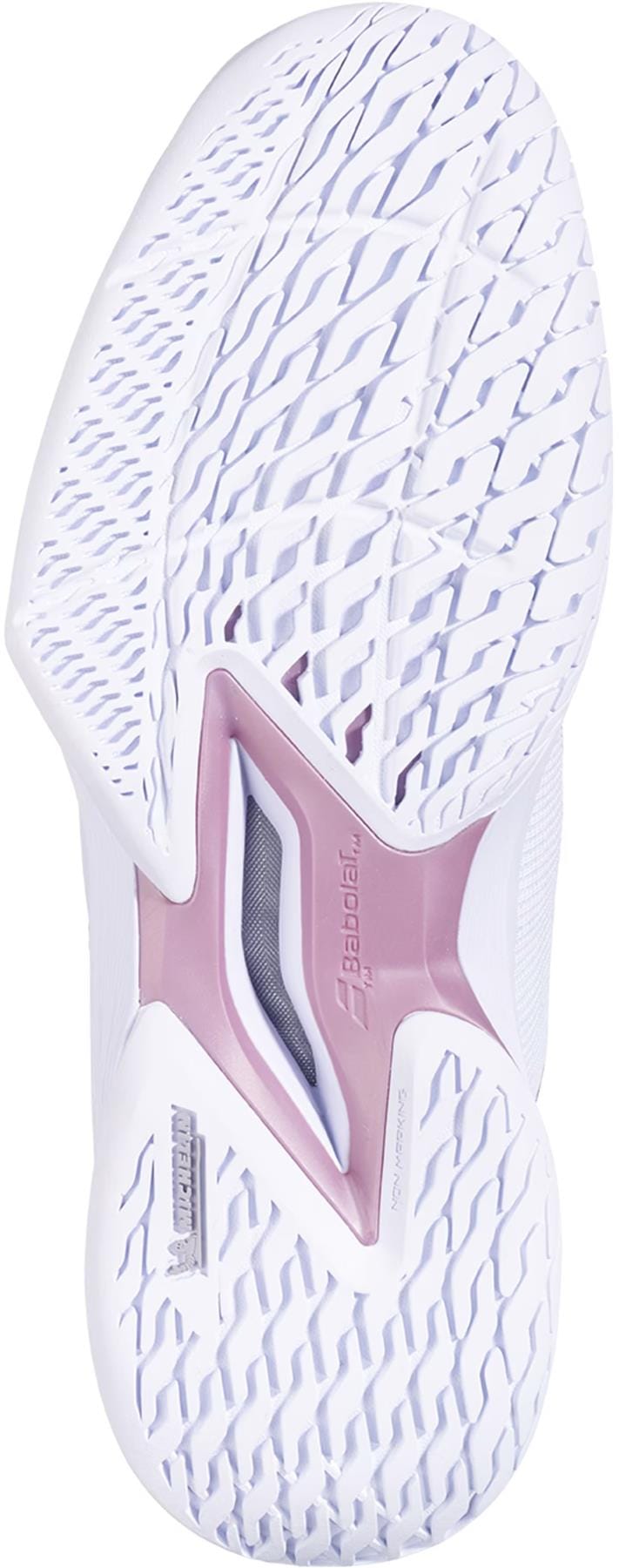 Close-up of the white sole of Babolat Jet Tere 2 All Court Women’s Tennis Shoes in White/Golden Pink, showing a textured geometric tread with golden pink accents and gray details. The "Babolat" brand name is visible on the sole.