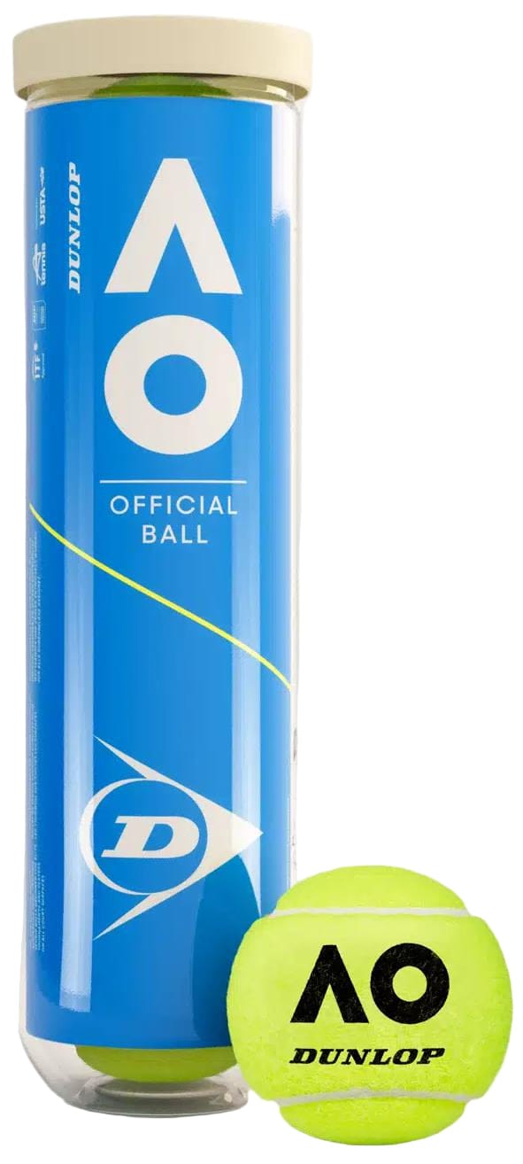 A Dunlop Australian Open 2025 Tennis Balls - 4 Ball Tube stands upright with its blue and white label next to a bright yellow ball marked “AO” and the Dunlop logo, representing top tournament quality from Dunlop.