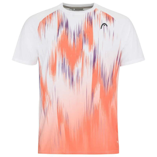 The HEAD Topspin Men's Tennis T-Shirt - FAXV is an athletic short-sleeved shirt with a white base and a vibrant orange and purple abstract pattern featuring vertical brushstroke-like lines. It incorporates Moisture Transfer Microfiber technology and features a mesh back to improve breathability. A small logo is located on the chest.