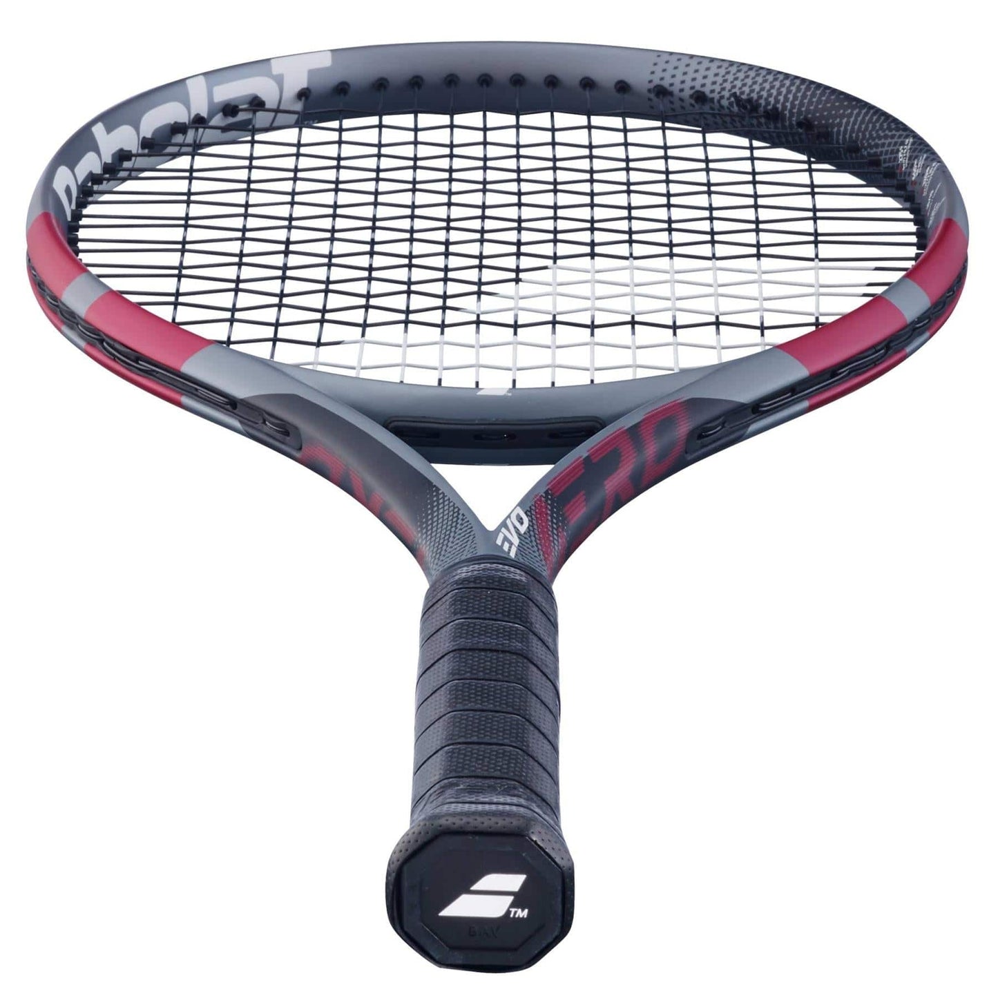 A close-up of the Babolat Evo Aero Pink 2026 Tennis Racket shows its black grip and strings, with the Babolat logo on the butt cap—ideal for intermediate to advanced players.