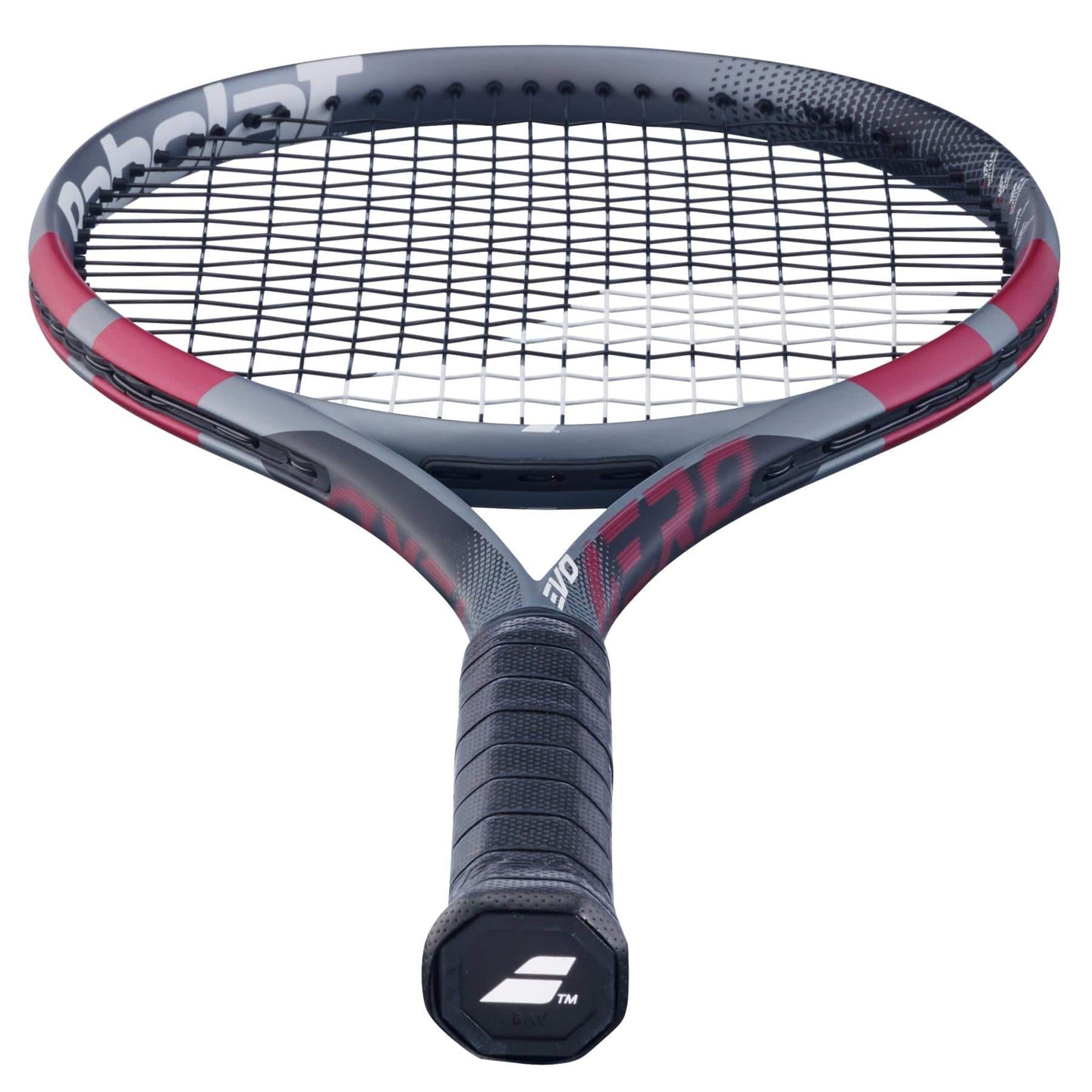 A close-up of the Babolat Evo Aero Pink 2026 Tennis Racket shows its black grip and strings, with the Babolat logo on the butt cap—ideal for intermediate to advanced players.