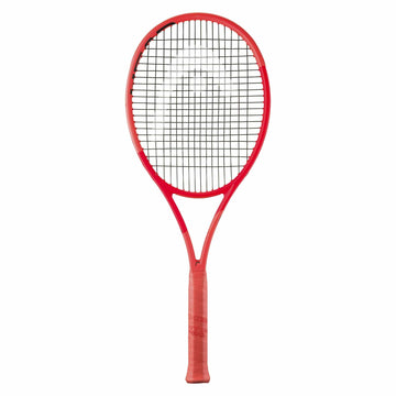 A HEAD Radical MP 2025 Tennis Racket with black strings is displayed against a white background. The red handle grip and sleek frame feature HEAD’s Auxetic 2.0 technology for superior all-court performance.
