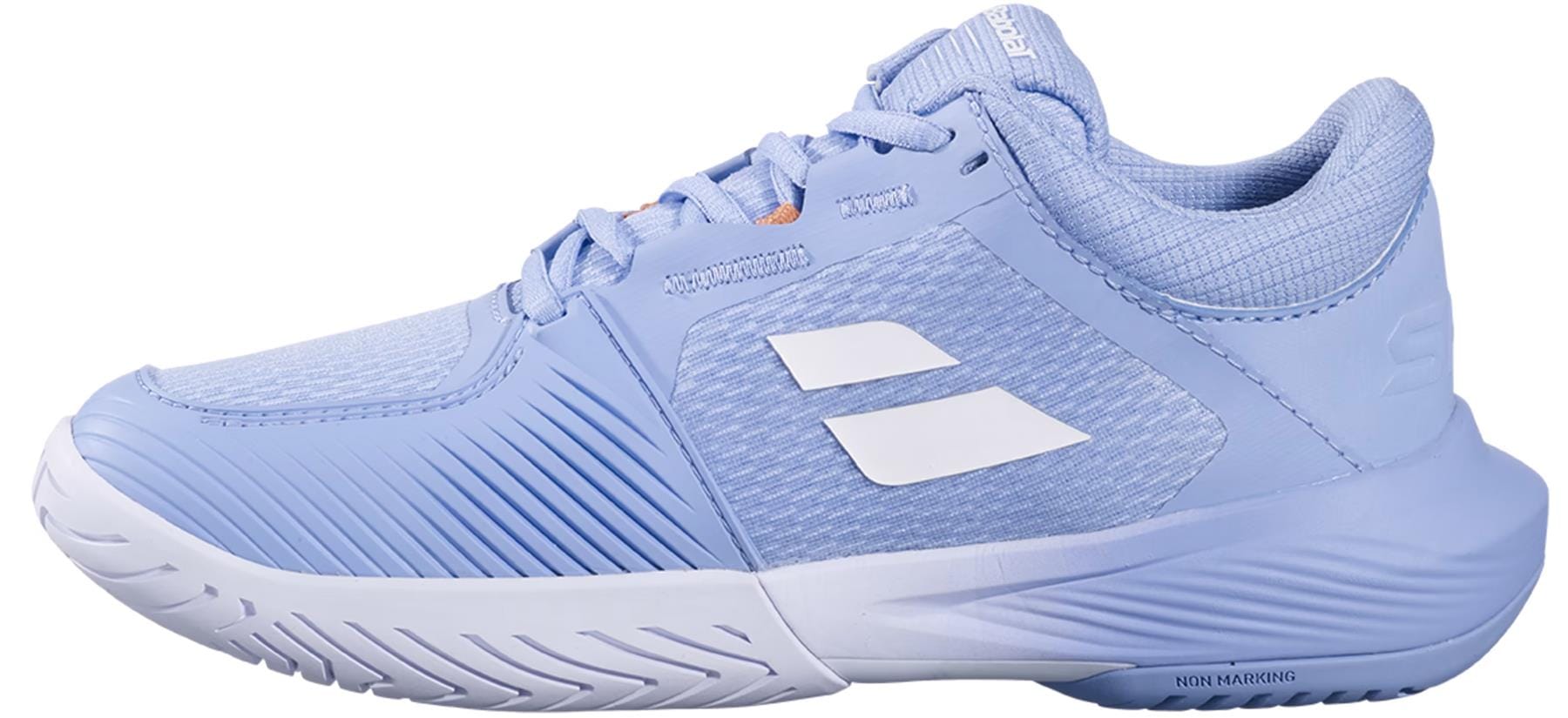 The Babolat SFX 4 All Court Women's Tennis Shoes in Forever Blue feature a light blue upper with white accents, textured and mesh-like details, and a sturdy non-marking sole for all-court comfort.
