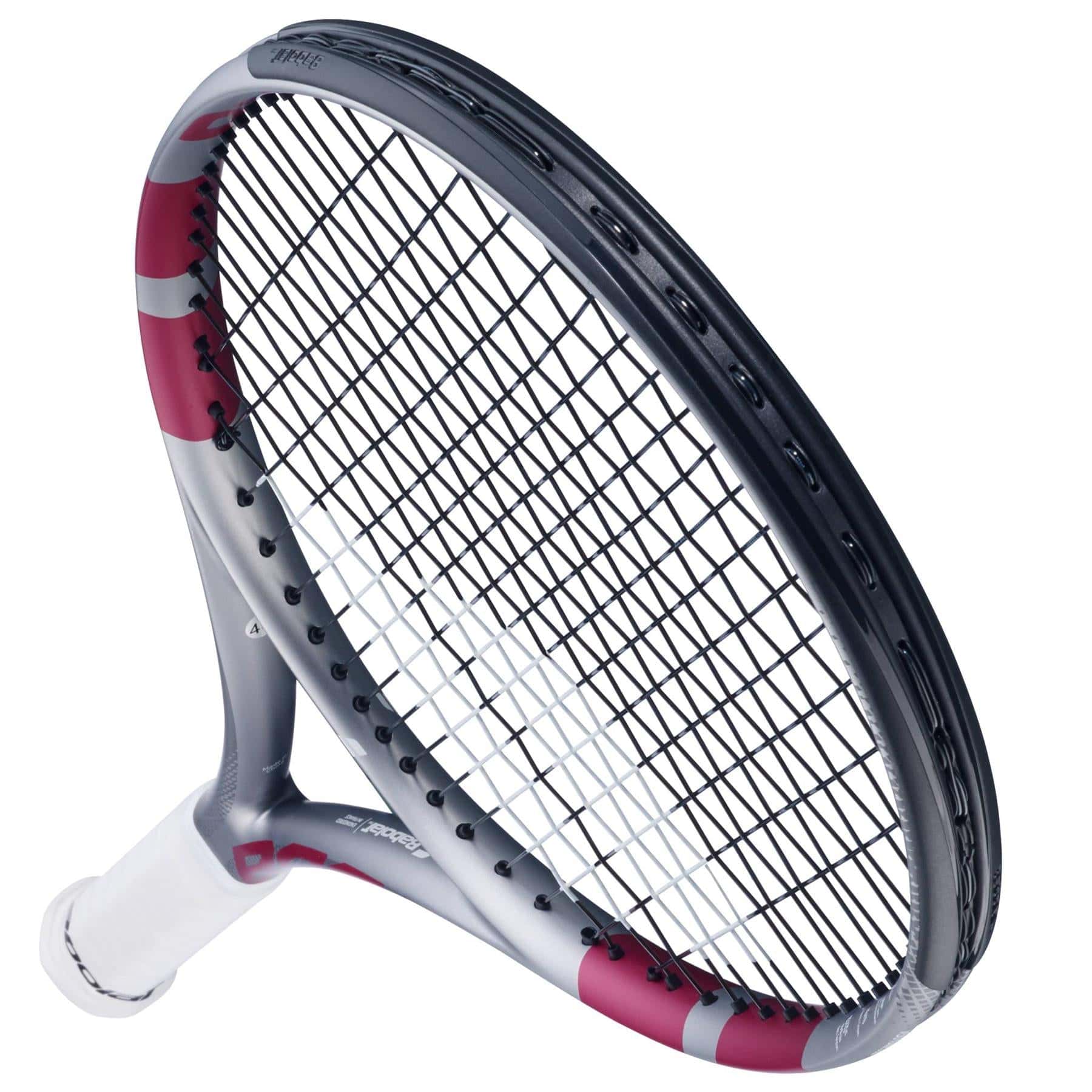 A close-up of the Babolat Boost Aero Pink 2026 Tennis Racket shows its black and gray frame with pink accents, tight black strings, and a white grip—perfect for entry level players.