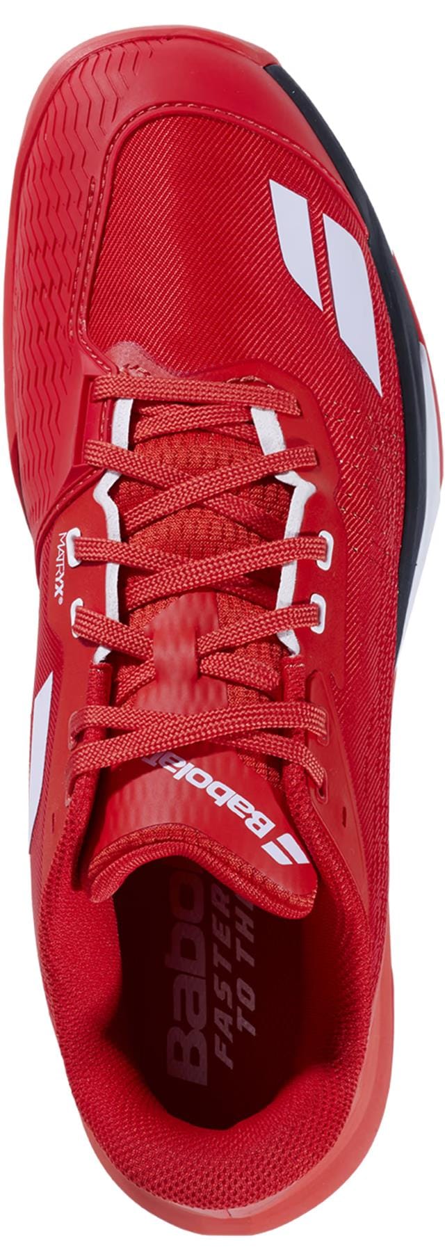 The Babolat Jet Mach 4 All Court Men's Tennis Shoes in Cherry Tomato/White feature textured details, sporty design, and red-white laces. Viewed from above, the insole displays white branding, showcasing Babolat’s high-performance style.