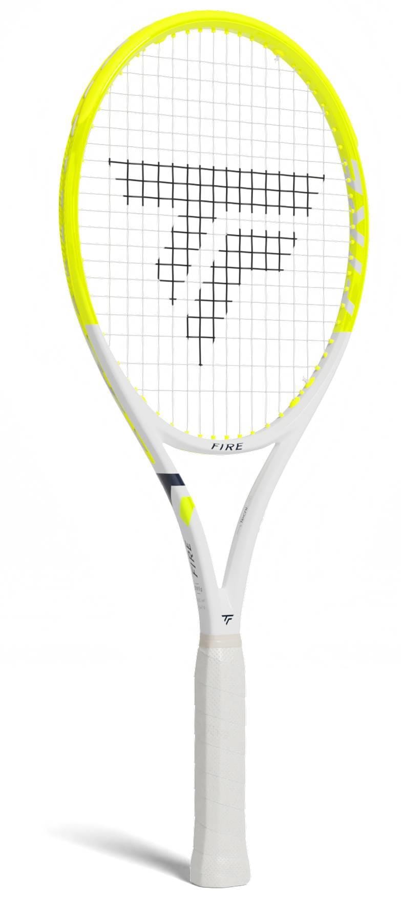 The Tecnifibre Fire 285 Tennis Racket, in white and yellow with a black geometric logo on the strings and advanced vibration dampening technology, is shown against a white background.