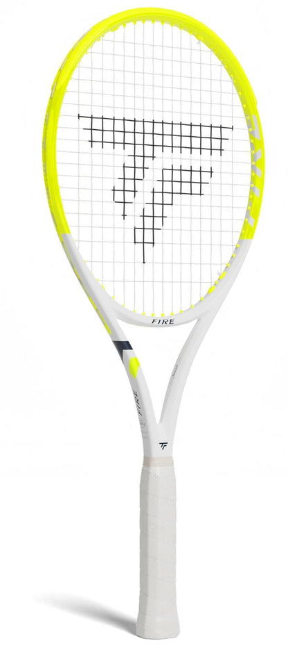 The Tecnifibre Fire 285 Tennis Racket, in white and yellow with a black geometric logo on the strings and advanced vibration dampening technology, is shown against a white background.