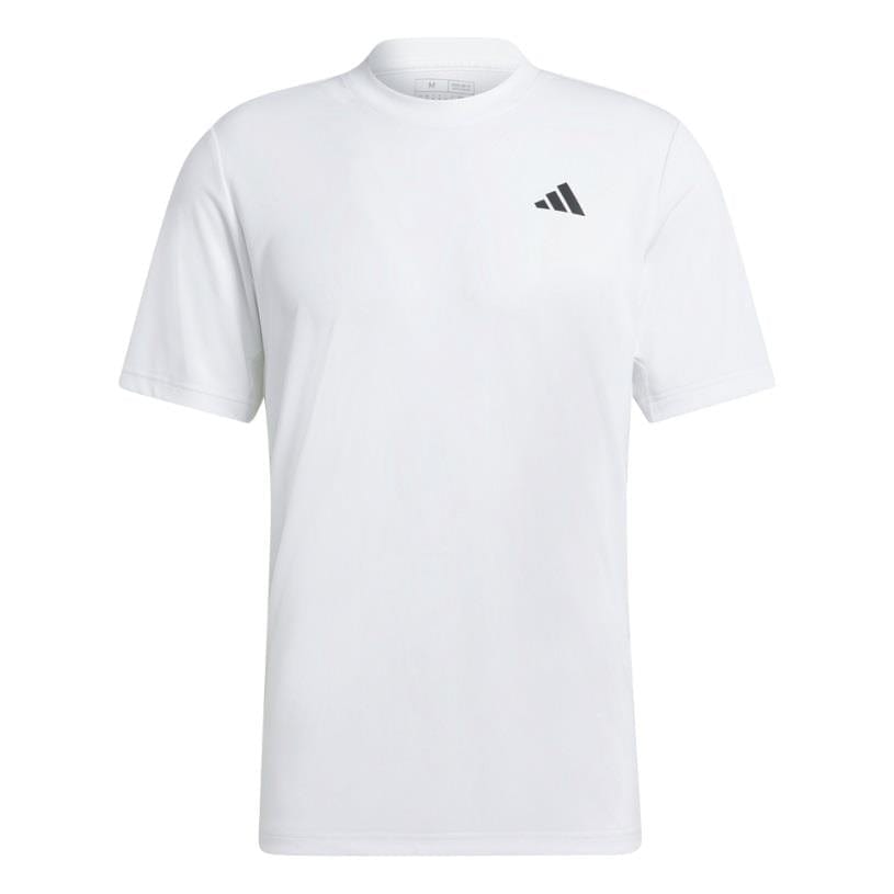 A white ADIDAS Men's Club Tennis T-Shirt, adorned with a subtle black geometric logo on the upper left chest, is expertly crafted from AEROREADY fabric. It boasts short sleeves and a round neckline, ensuring you stay cool both on and off the court.