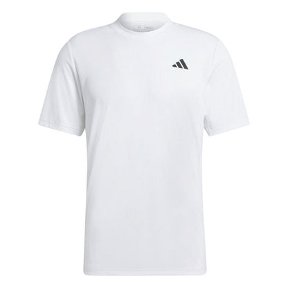 A white ADIDAS Men's Club Tennis T-Shirt, adorned with a subtle black geometric logo on the upper left chest, is expertly crafted from AEROREADY fabric. It boasts short sleeves and a round neckline, ensuring you stay cool both on and off the court.