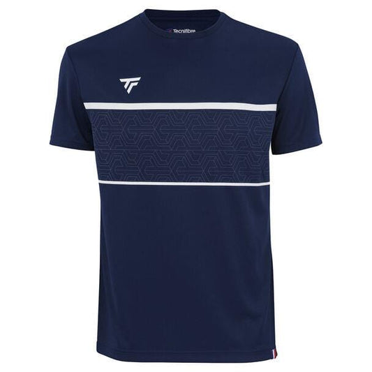 The Tecnifibre Men's Team Tech Tennis T-Shirt in Marine features a geometric pattern on the chest with two horizontal white stripes, designed from polyester knit to provide better freedom of movement. A small logo on the upper left side offers a subtle accent to this stylish shirt.