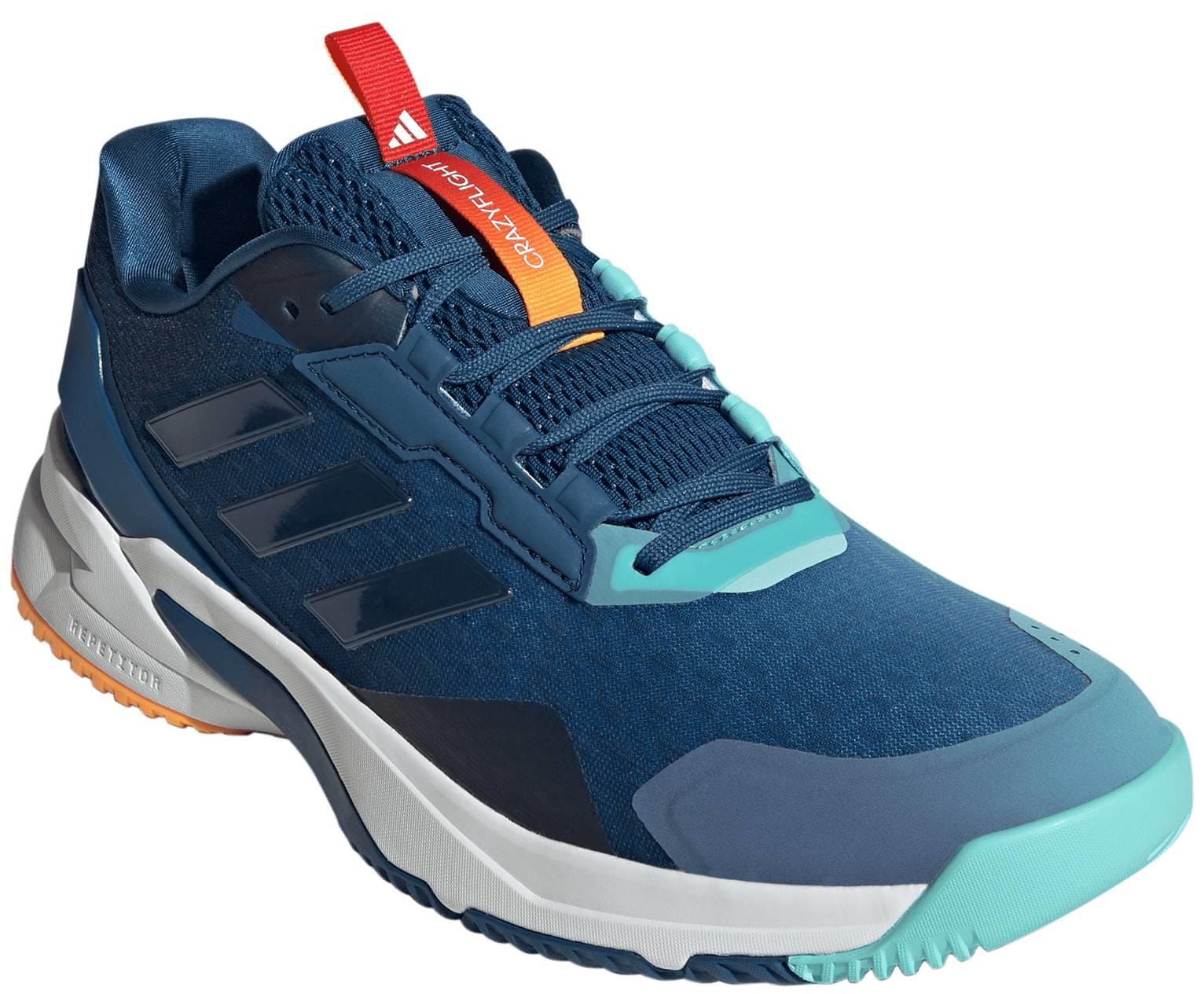 The adidas Crazyflight 6 Men's Indoor Tennis Shoes in navy feature a mesh upper, thick sole, and signature three dark blue stripes—ideal for men’s indoor court sports.