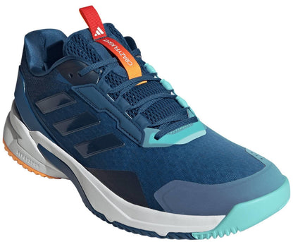 The adidas Crazyflight 6 Men's Indoor Tennis Shoes in navy feature a mesh upper, thick sole, and signature three dark blue stripes—ideal for men’s indoor court sports.