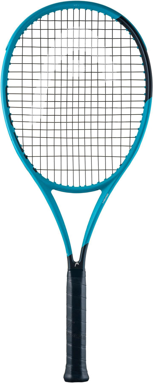 The HEAD Boom MP L 2026 Tennis Racket features a blue and black design, black handle, and strings, displayed upright on a white background, delivering effortless power for your game.