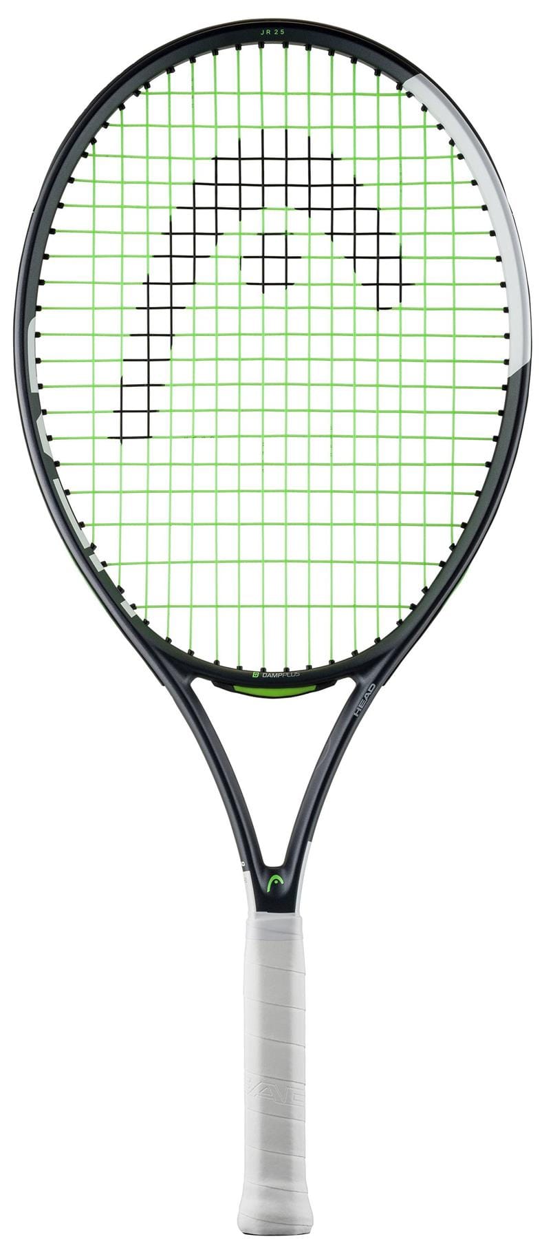 The HEAD IG Speed Junior 25 2026 Tennis Racket by HEAD features a black and green design with a white grip, curved string pattern, and is made from lightweight graphite composite, shown against a white background.