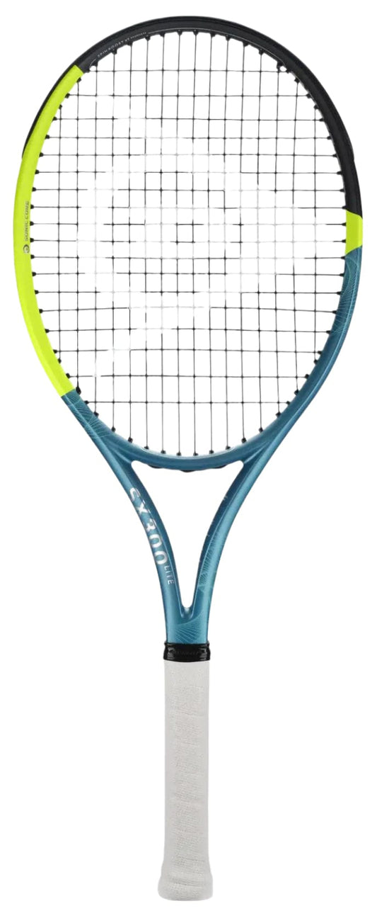 The Dunlop SX 300 Lite 2025 tennis racket features a distinctive yellow, teal, and black frame. Ideal for advanced players, this racket provides precision and comfort with every swing.