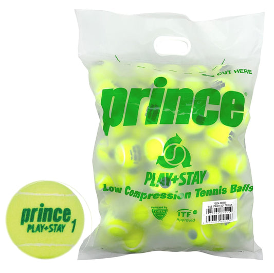 A Prince transparent bag contains yellow Stage 1 tennis balls, each displaying the "Prince" logo. The packaging features the "Play & Stay" label and specifies that these are lower compression tennis balls. A ball's close-up shows the text "Prince Play & Stay 1" in black lettering.