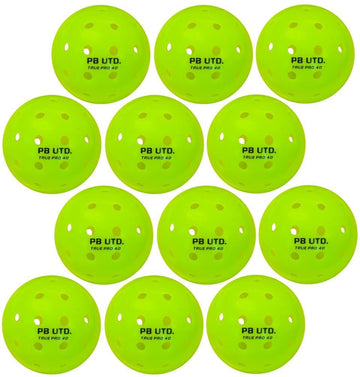 Set of 12 Pickleball United True Competition 40 outdoor pickleballs in bright yellow, made from durable TPU with holes and "PB UTD. TRUE PRO 40" printed in black—ideal for tournament play.