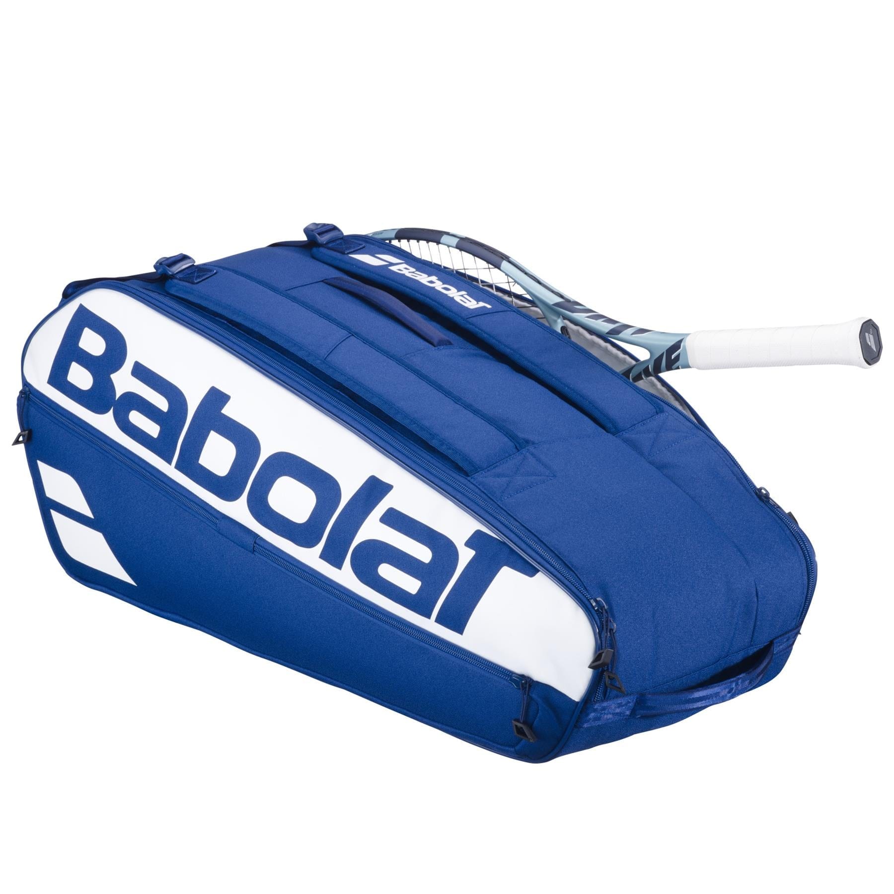 The Babolat Court L 9 Racket Tennis Bag in dark blue features a large logo and is made from recycled PET, holding a tennis racket with a white grip partially visible from the top compartment.