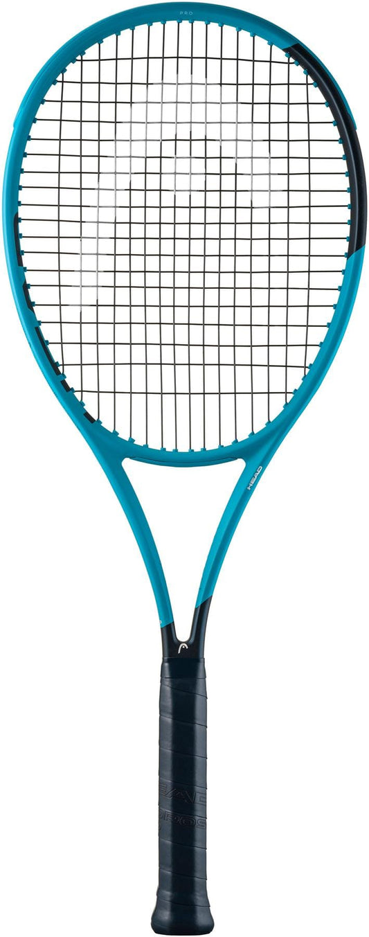 The HEAD Boom Pro 2026 Tennis Racket by HEAD features a blue and black frame, black grip, tightly strung strings, and is designed for explosive power—shown upright against a white background.