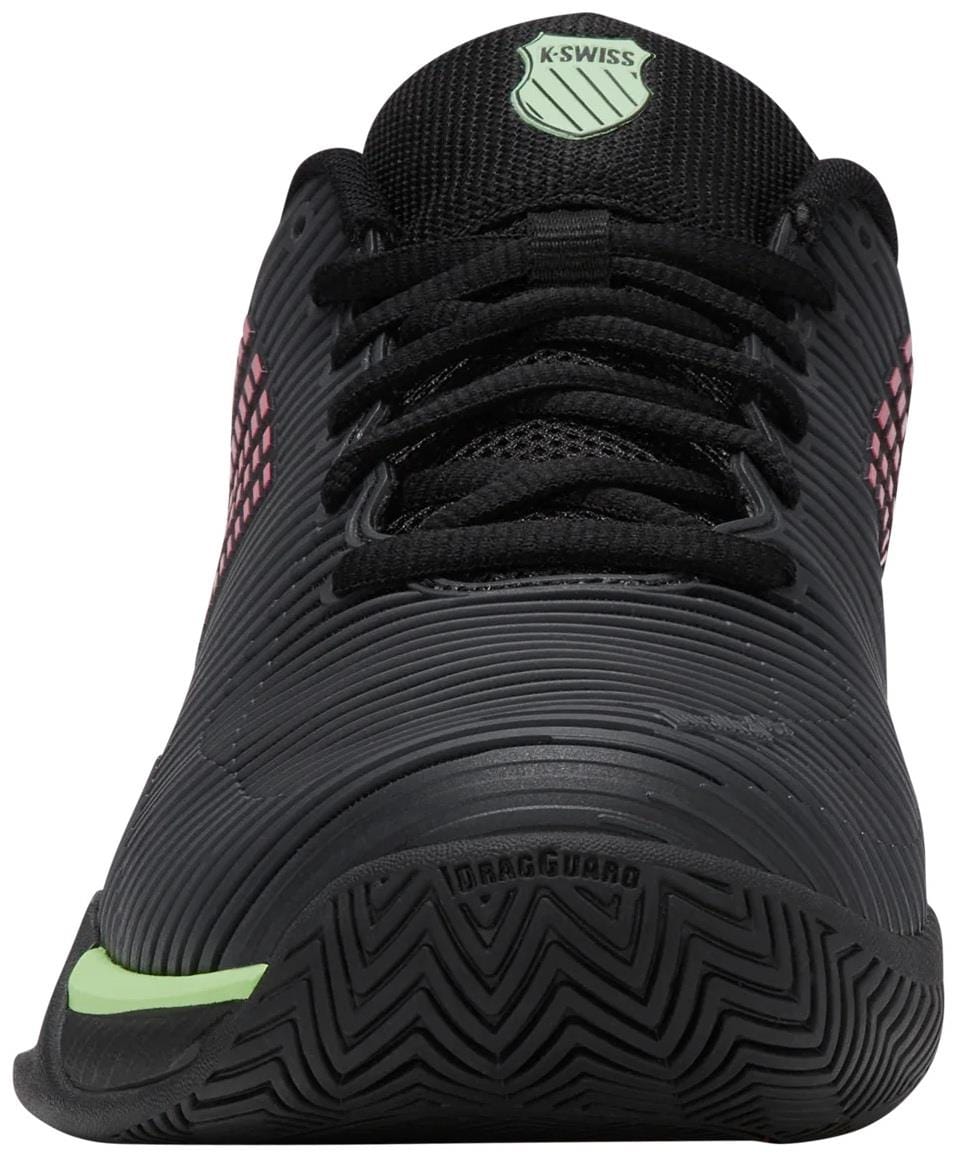 Front view of the K-Swiss Hypercourt Express 2 Men's Tennis Shoes in black with soft neon green and neon lava accents, featuring a textured rubber sole, black laces, and the K-Swiss logo on the tongue—ideal for comfort on the court.