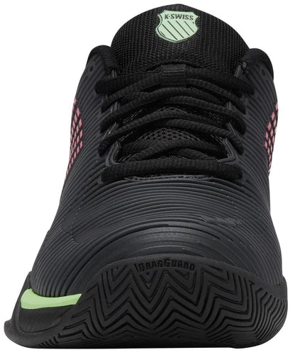 Front view of the K-Swiss Hypercourt Express 2 Men's Tennis Shoes in black with soft neon green and neon lava accents, featuring a textured rubber sole, black laces, and the K-Swiss logo on the tongue—ideal for comfort on the court.