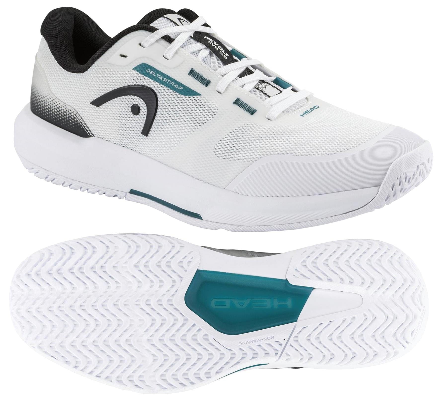 HEAD Revolt Evo 5.0 Men's Tennis Shoes in White/Black by HEAD are shown from a side angle above and a sole view below. These shoes feature a textured sole, delivering comfort for baseline tennis players.