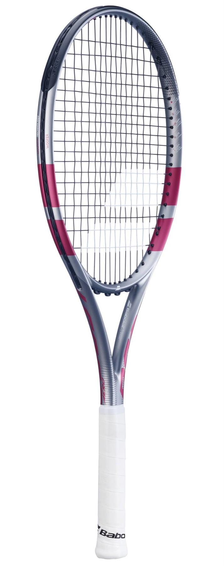 The Babolat Boost Aero Pink 2026 Tennis Racket features a silver, white, and magenta frame, black strings, and a white grip with the Babolat logo near the bottom—ideal for entry-level players.