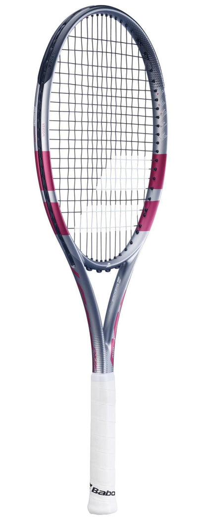 The Babolat Boost Aero Pink 2026 Tennis Racket features a silver, white, and magenta frame, black strings, and a white grip with the Babolat logo near the bottom—ideal for entry-level players.