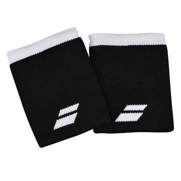 A set of black Babolat Logo Jumbo Wristbands featuring white elastic trim and adorned with the iconic Babolat logo, ideal for tennis accessories, are positioned side by side on a pristine white background.