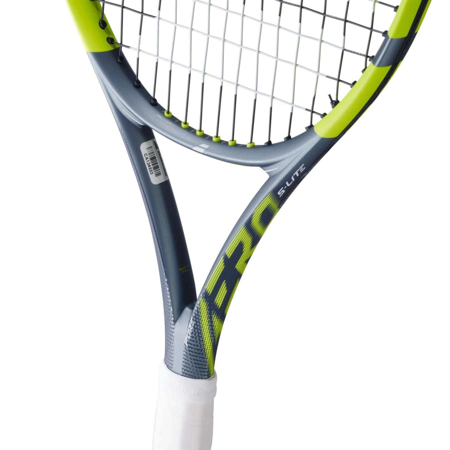 Close-up of the Babolat Pure Aero Lite 2026 Tennis Racket by Babolat, featuring a gray and yellow frame, black strings, white grip, and "AERO" and "ELITE" on its lightweight, spin-friendly design.