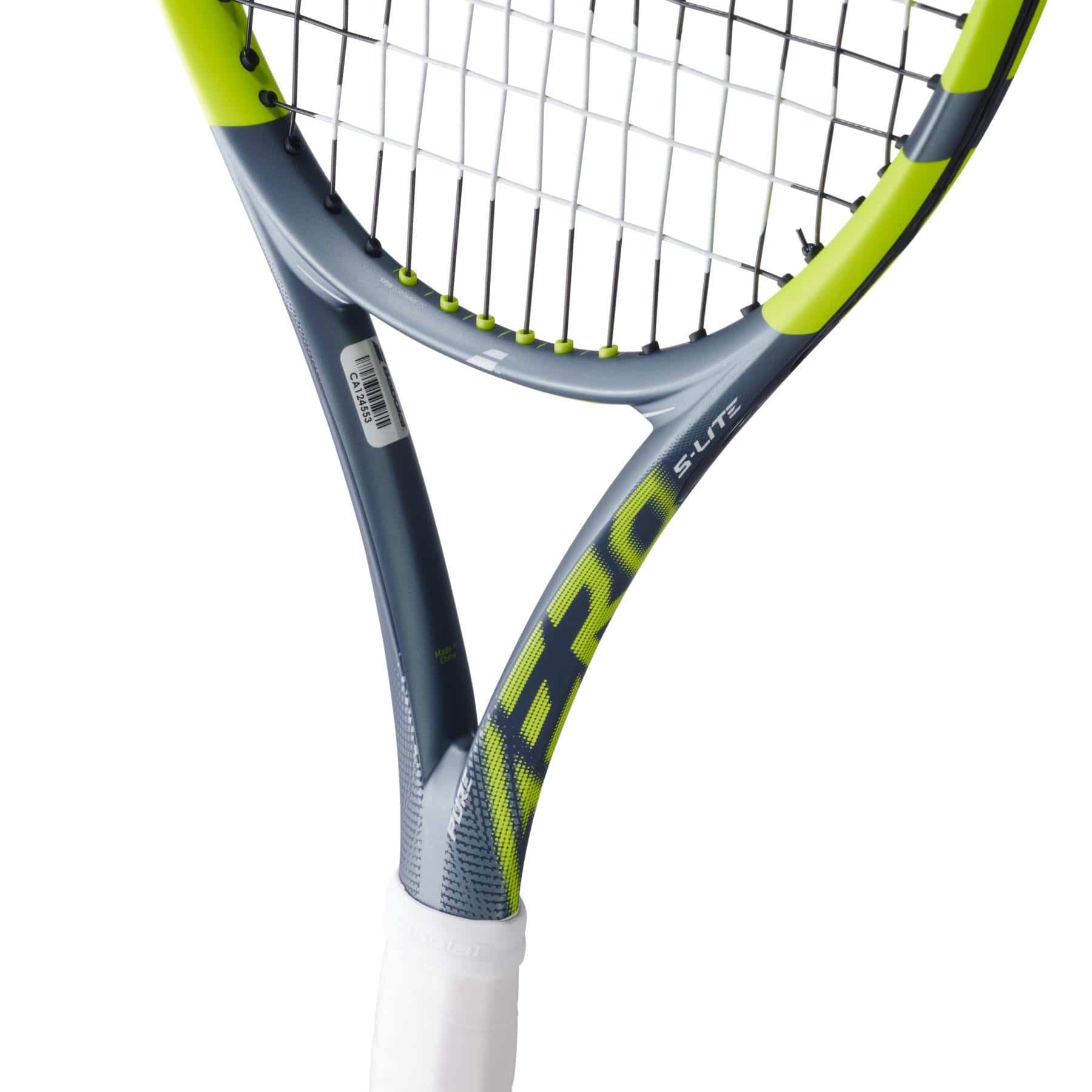Close-up of the Babolat Pure Aero Lite 2026 Tennis Racket by Babolat, featuring a gray and yellow frame, black strings, white grip, and "AERO" and "ELITE" on its lightweight, spin-friendly design.