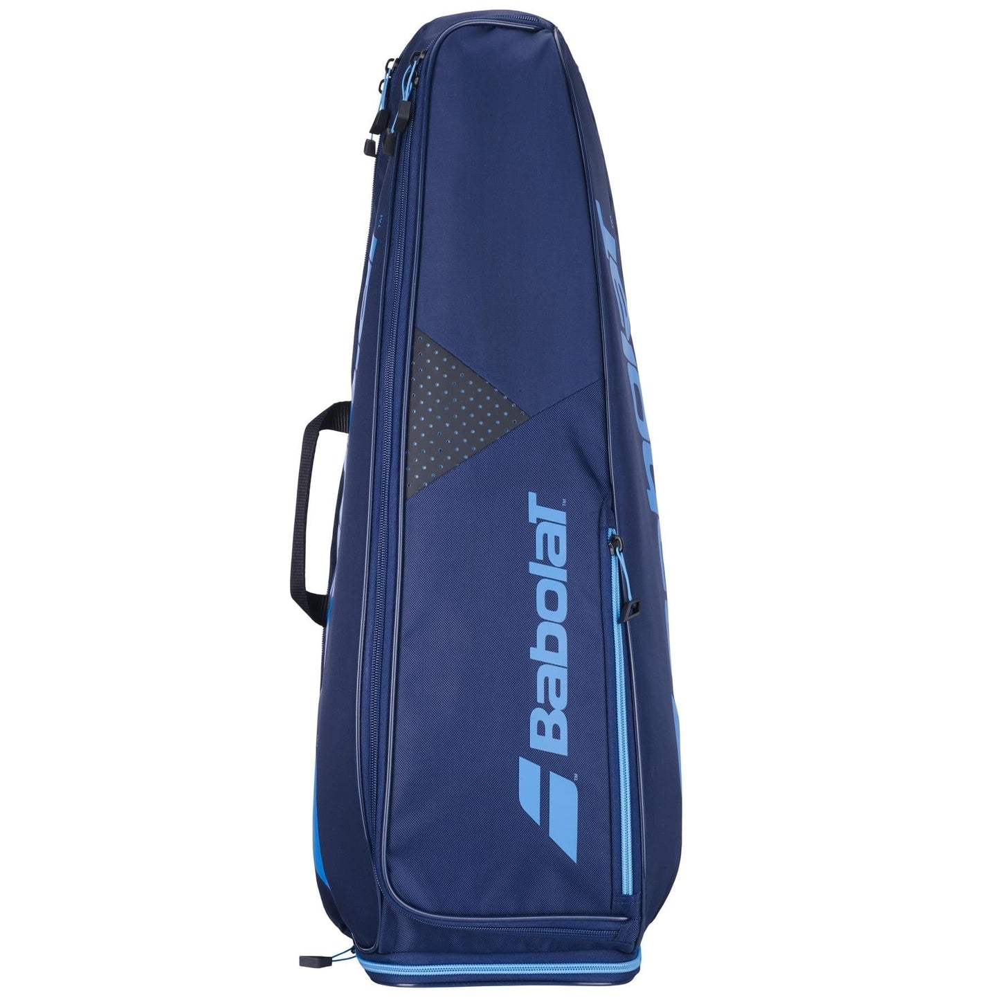 The Babolat Backrack 3 Tennis Bag in dark blue stands upright, made from recycled polyester. It features a sleek design with zippered racket compartments, a side handle, and a diagonal stripe accent. The Babolat logo is prominently displayed in white on the side.