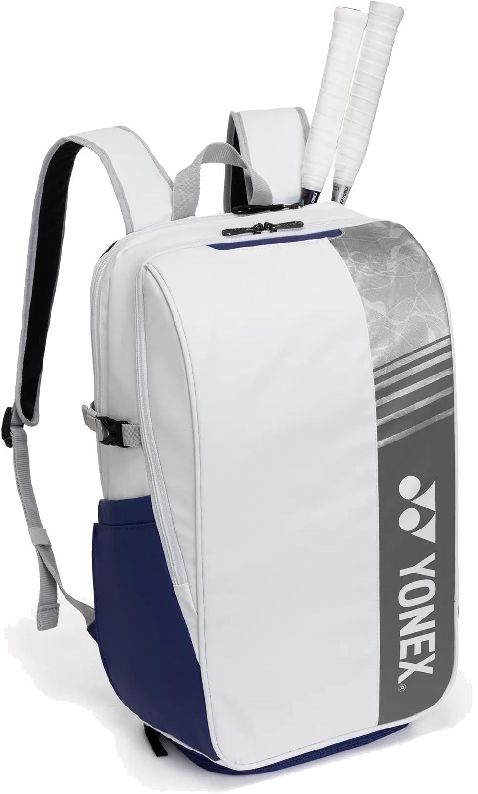 The Yonex BA52512EX Club Tennis Backpack in White/Blue features adjustable shoulder straps, a Yonex logo, and space for two racket handles—combining durability and style for every tennis match.