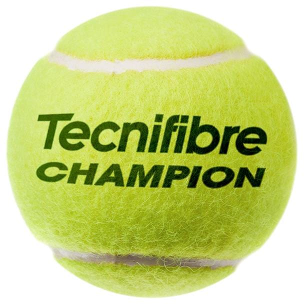 Close-up of a yellow Tecnifibre Champion Tennis Ball from the 4 Ball Tube, showcasing its fuzzy texture and durable white seams, ideal for intense practice sessions.
